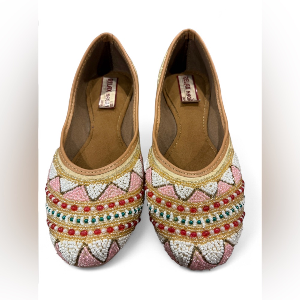 Relax Nagra Jaipur Beaded Flats Women’s 6 Pink Gold Embellished Slip On Shoes